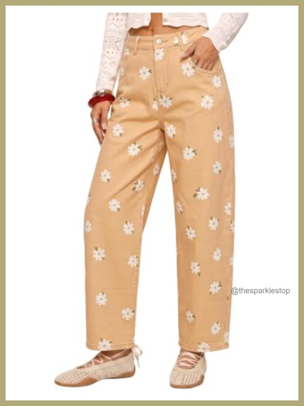 Womens High Rise Barrel Jeans Cropped Stretch Denim Floral Print